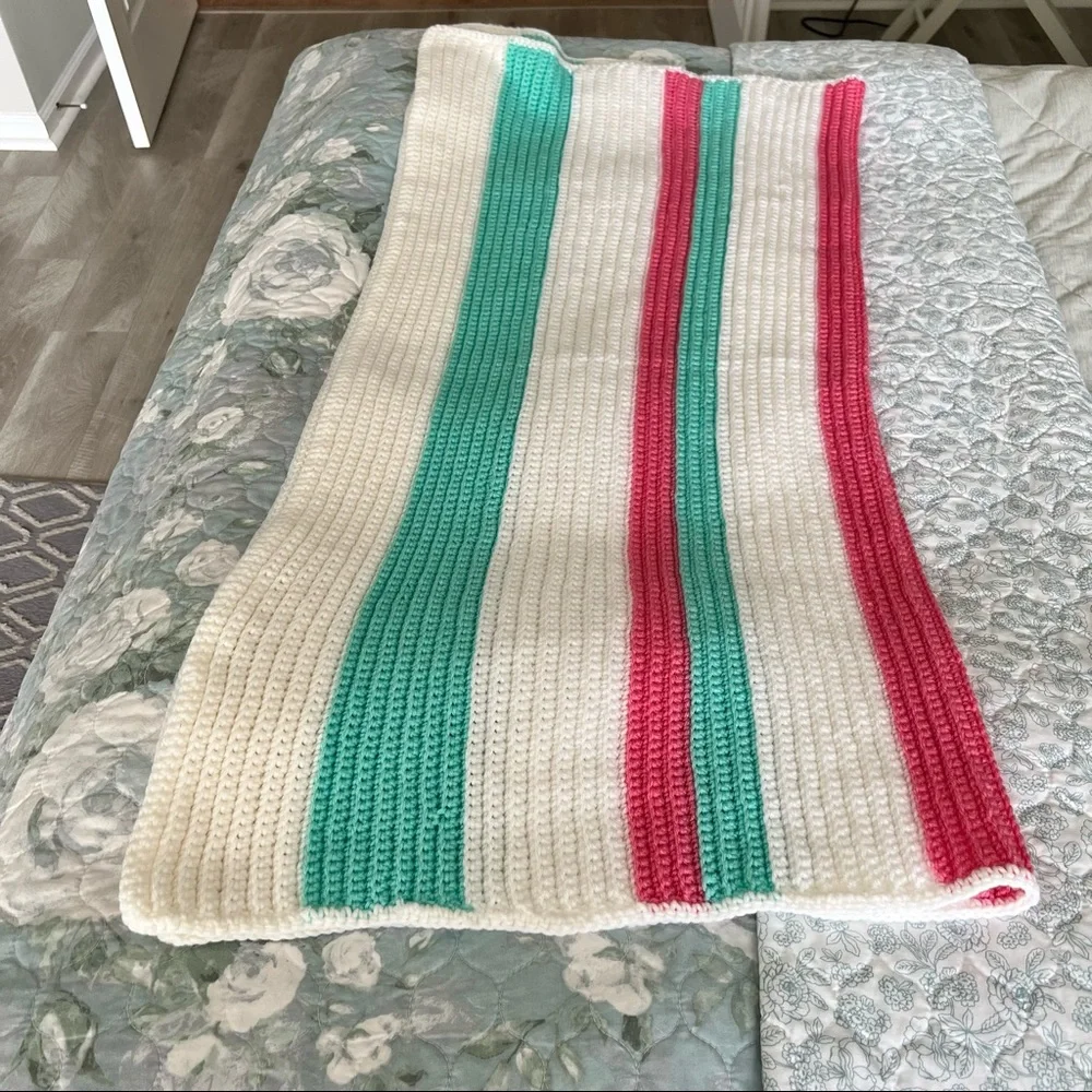 Afghan Blanket Throw Crochet Handmade Pastel Pink White Green Baby Blanket